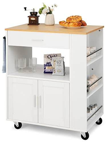 COSTWAY Carrello da Cucina con Ruote, Isola da Cucina con 3 Portaspezie 1 Cassetto Armadietto a 2 Porte, Carrello Portaoggetti con Portasciugamani, 82x46x92 cm (Bianco)