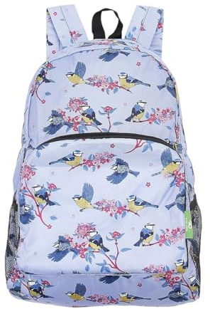 Eco Chic Lightweight Foldable Water Resistant Backpack Rucksack Folds into Pouch for Storage (Blue Tits Lilac)