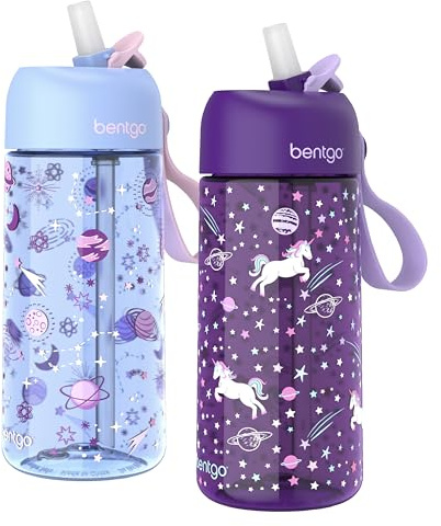 Bentgo Kids Water Bottle 2-Pack - Leak-Proof Durable Tritan BPA-Free 15 oz Cup for Kids/Toddlers Ages 3+; Bite & Sip Spout + Dishwasher Safe for School/Sports/Daycare/Camp (Unicorn/Lavender Galaxy)