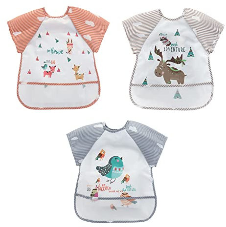 URFEDA 3PCS Bavoir Bebe Tablier sans Manches Bavoir Etanche 6 Mois à 3 Ans Tablier d'alimentation de Jeu/de Peinture Bavoir Imperméable Enfant Bébé Tablier avec Grande Poche, Cadeau pour Enfants