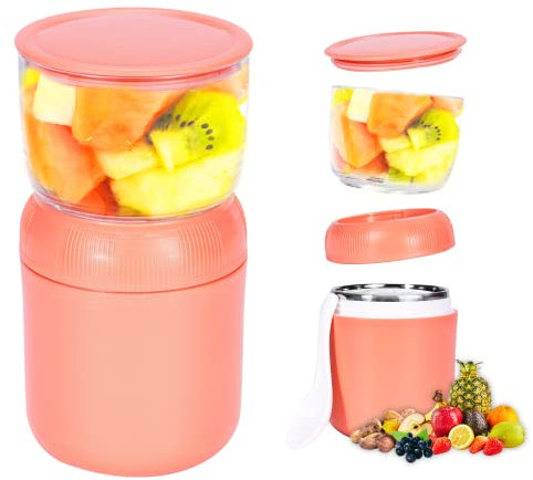 MLRYH Bol Muesli, 300 + 400 Ml Bol Muesli a Emporter avec Couvercles et Cuillère Pot Yaourt en Acier Inoxydable Compartiment Double Antifuite pour Enfants et Adultes, sans BPA (Rose)