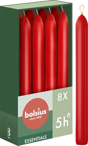 Bolsius Glatte Stabkerzen - Rot - 8 Stück im Karton - 17 cm - Länge Brenndauer 5 Stunden - Unparfümierte - Enthält Natürliches Pflanzenwachs - Ohne Palmöl