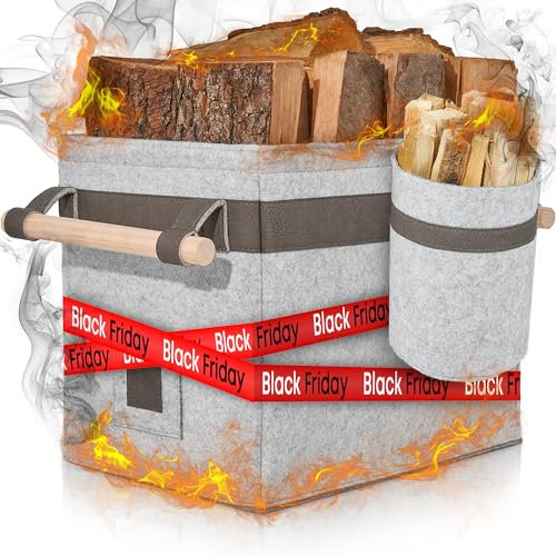 OAKAGE® Holzkorb für Kaminholz Groß mit Zündholzkorb [Integrierter Metallrahmen für Zusatzstabilität] Kaminholzkorb Feuerholzkorb Brennholzkorb Kaminkorb Filzkorb | Korb Hellgrau