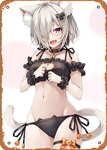 Zuhhgii Anime Metal Poster Waifu Figur Poster Metall Blechschild Silber Neko Cat Girl Wandkunst Dekor Blechschild - 20,3 x 30,5 cm