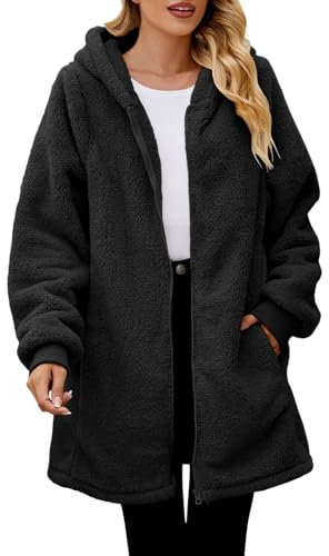 AMhomely Womens Oversized Zip Up Sherpa Jacket Solid Color Fleece Hoodie Winter Teddy Coat Outerwear with Pockets