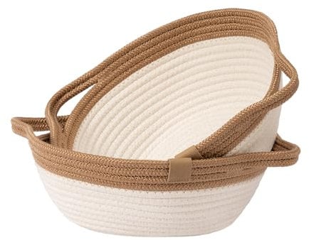 LA JOLIE MUSE Storage Baskets for Organizing, Small Cotton Woven Basket for Bathroom Shelve Nursery, Bowl Decorative Basket Organizer Bins White Fruit Basket Set 2