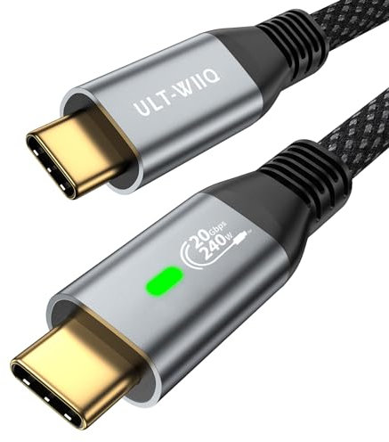 ULT-WIIQ USB C to USB C 240W 20Gbps 3.2 Gen2x2 Data Cable with LED, 4K@60Hz Video Cable PD 3.1 Fast Charging for iPhone 15 Pro, MacBook, iPad, Galaxy S23 S22 Monitor (2.5M)