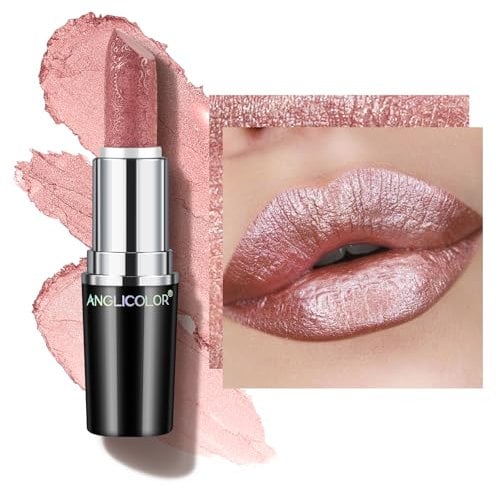 Anglicolor Glitzer Lippenstift Nude Rosa Metallic Glänzend Glossy, Shimmer Lipstick Pink Seidig Velvet Langanhaltend Feuchtigkeitsspendende, Vegan Lipgloss Damen Mädchen Make-up (07 PURE ENVY,4g)