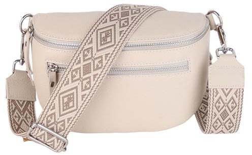 MIRROSI® Damen Bauchtasche Umhängetasche 27x14,5x8cm Damen, Made in Italy, aus Echtleder Tasche Echtes Leder, Brusttasche, Crossbody Bag,Bohemian Style (1 Tasche 2 Gurte) (Beige Karo)