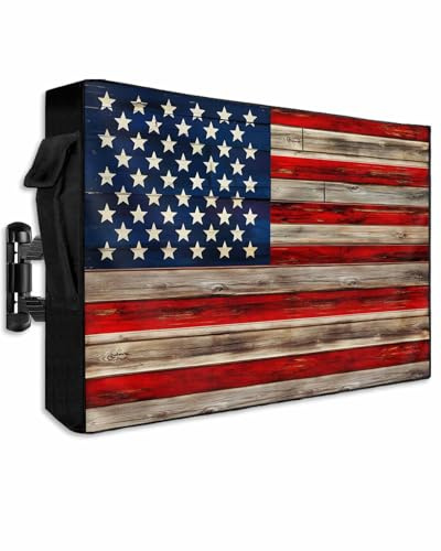 Lsrtoss American Flag Outdoor TV Cover 60-65 Inch Weatherproof, Vintage Wood Outdoor TV Enclosure with Zipper & Roll Up Front Flap, Red Striped Blue Star Waterproof TV Cover for Outside Flat Screen TV