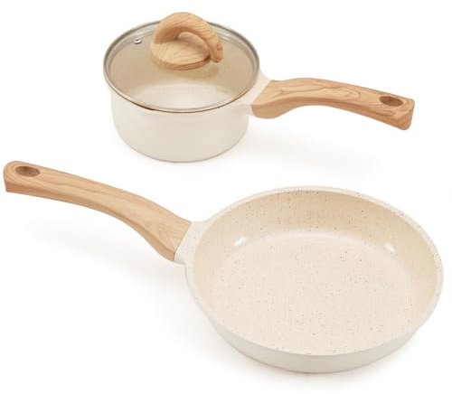 Vkoocy Pots and Pans Set Non Stick, Healthy Ceramic Cookware Set, 3pcs Kitchen Pots Frying Pan Saucepan, PFAS-Free, Cream
