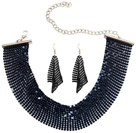 Faruodis Pailletten Halskette Ohrringe Set breite Metall Mesh Choker Punk glänzende Pailletten Kragen Halskette Schmuck für Frauen Damen (Schwarz)