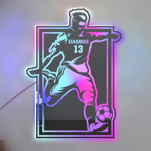 Personalized Soccer Football Player LED Mirror Light Up Sign,Custom Name Football Wall Art ,Customized Football Neon Light, Football Sports Décor for Bedroom,Christmas Birthday Football Kids Gift