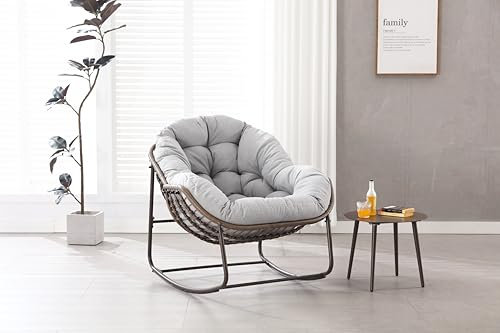 YESGIGA Outdoor Rocking Chair, Patio Oversized Wicker Egg Rocking Chair, Indoor & Outdoor Comfy Rocker Chair with Thick Cushion (Hellgrau)