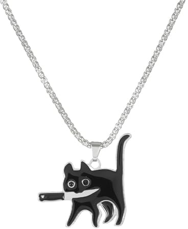 Niaspi Black Cat Pendant Necklaces Killer Hold a Knife Kitty Animal Silver Snake Chain Necklace Unique Funny Halloween Jewelry Gifts for Pet Lover