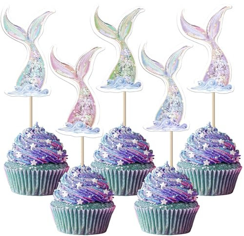 Xsstarmi 40 Pack Mermaid Tail Cupcake Toppers & Cake Topper Decorations for Mermaid Theme Parties