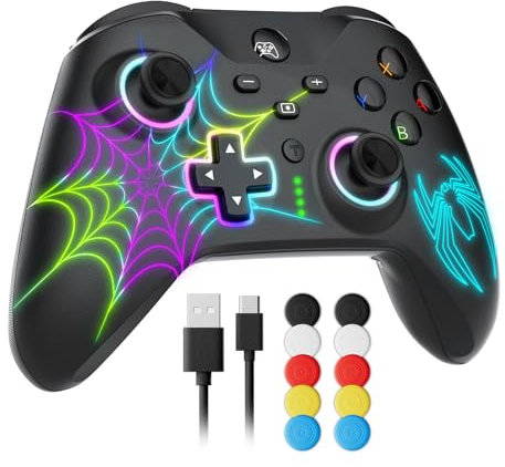 Hosanwell Manette Sans Fil Compatible pour Switch/Switch 2/Lite/OLED/PC, Controller de Commutation Programmable avec RGB Ajustable/Dual Vibration/Turbo/Macro Fonctions