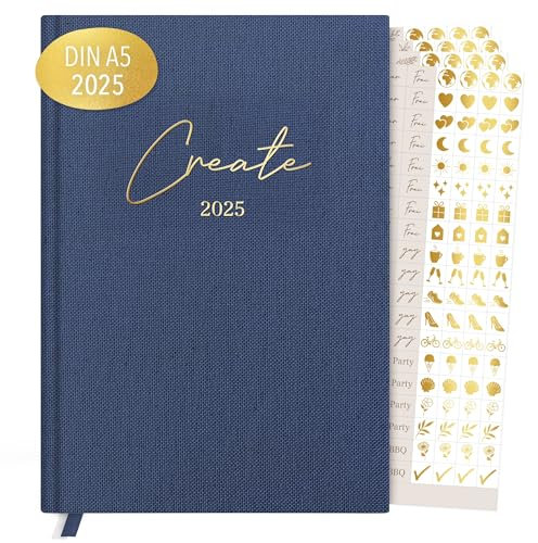 KIND OF HAZEL® Terminplaner 2025 A5 Blau + Sticker Set | Hochwertiger Kalender 2025 Planer mit Goldfolienprägung | To Do Liste Daily Journal 2025 Tagebuch für Erwachsene