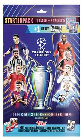Topps UEFA Champions League Sticker 24/25 – Starter Pack – enthält ein 80-seitiges Stickeralbum und 3 Packungen (18 Sticker), darunter ein extra glänzender Sticker im Inneren!