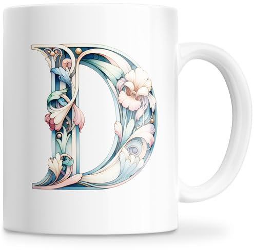 Taza Personalizada con Letra Inicial del Nombre - Taza Cerámica 350ML con Motivo Floral, Regalos Originales para Mujeres, Mamá, Amigos - Apta para Lavavajillas y Microondas (D)