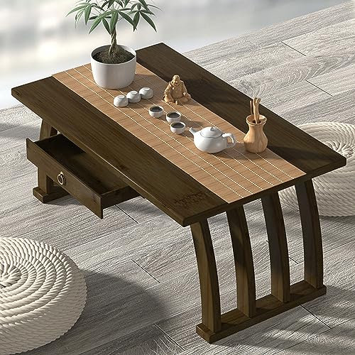 Table basse portable avec tiroirs, table centrale en bambou, canapé et console en bois, table basse au sol, table à thé tatami japonaise rétro pour plateau de service de petit-déjeuner, jeu, écriture