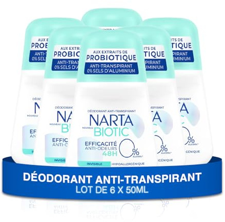 Narta Deodorant für Damen, kugelförmig, schweißhemmend, Biotisch, geruchshemmend, 48 Stunden, hypoallergen, ohne Alkohol, 6 x 50 ml