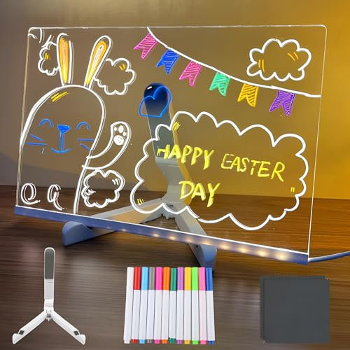 OMIGA Tableau Lumineux Message LED avec 12 Stylos Néons und Support Réglable Tableau Magique Enfant Effaçable 30 x 20 cm pour Bloc Notes Tableau D'écriture Mémo