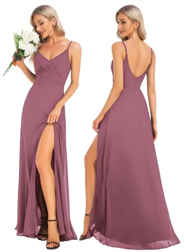 Ever-Pretty Women's A Line Spaghetti Straps V Neck Long Chiffon Asymmetry Prom Dress with Slit Orchid 10