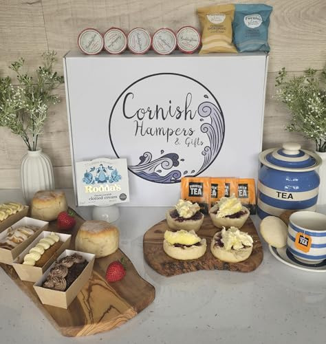 Cornwalll Hampers & Gifts Afternoon Tea Hamper for 4 - Deluxe Tea Set Hamper Gifts for Women Includes Cake, Fresh Scones, Biscuits – Birthdays, Anniversaries & Special Occasions