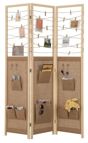 GIANTEX Raumteiler Stehend 3 teilig, Paravent Raumteiler Innen, Raumtrenner Trennwand 120 x 170 cm, klappbar Spanische Wand Holzrahmen, Stellwand mit 8 Aufbewahrungstaschen & 4 Haken & 20 Holzklammern