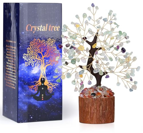 GUJOXILA Fluorit Kristallbaum Edelsteine Baum Edelsteinkristall Geldbaum | Heilsteine Kristalle Lebensbaum Spirituell Geschenke für Frauen Esoterik Feng Shui Deko Bonsai Baum