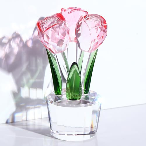 Arikyrist Eleganter Kristall Rosa Rosenstrauß mit Vase Glas Blumenfigur Geschenk für Frau Freundin Mama am Valentinstag Jahrestag Muttertag Geburtstag