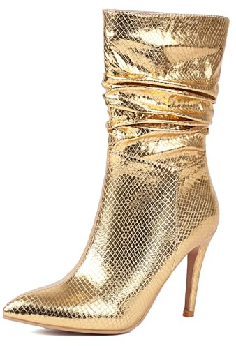 Lizoleor Sposa Appuntito Tacco a Spillo Donna Stivali Morbidi Shiny Brillantini Senza Chiusura Pleated Ankle High Stivali da Vestito Oro Numero 35 EU