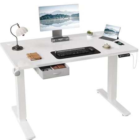 JUMMICO Höhenverstellbarer Elektrischer Stehtisch 140 x 80 cm mit Schublade und Haken – Höhenverstellbarer Sitz-Steh-Tisch mit Stabilem Stahlrahmen, Breiter Stehtisch für das Homeoffice, Weiß
