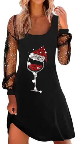 Generisch Weihnachtskleid Damen Knielang Weihnachten Kleid Langarm Rundhals Weihnachts Kleid Lustig Druck Glitzer Weihnachtskleider Weihnachtsfeier Outfit Lässige Elegante Weihnachtspullover Kleider