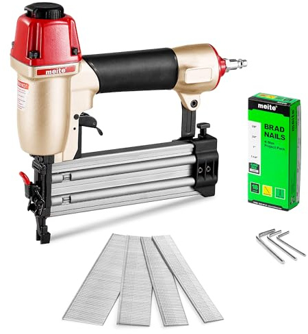 meite F50C Air Brad Nailer with 4000 PCS Brad Nails (16mm, 19mm, 25mm, 32mm Each Size 1000 PCS), Pneumatic 18 Gauge Brad Nailer Small Finish Nail Gun for Trim Work, Fits 18 Gauge Brad Nails 15-50 mm