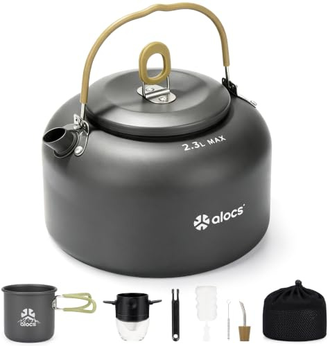 Alocs 2.3L Large Camping Kettle for Gas Stove, Hard-Anodised Aluminium | Pour-over filter, 350ml mug and nesting kit included for open-fire cooking, group camping, fishing and hiking