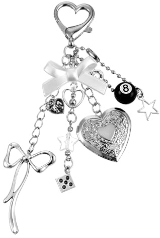 Taschen Anhänger Silber, Y2K Bag Charms Schlüsselanhänger mit Fotohalter | Schleife herzförmigem Fotohalter Design, Handtaschen Handy Anhänger