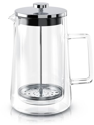 Arendo - French Press 1 Liter – Kaffeepresse - Thermo Doppelwand Design - aus Glas - Kaffeebereiter – Spülmaschinengeeignet – Kaffeepresse – für Kaffee und Tee - 1000 ml