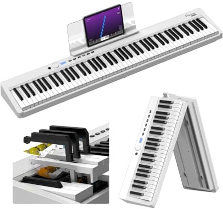 OYAYO Folding Piano 88 Tasten Gewichteten Tasten Digitalpiano, Bluetooth & MIDI Audio, 128 Klänge & Rhythmen, 2600mAh Akku Stereolautsprecher, Elektronisches Klavier für Einsteiger & Musiker (Weiß)