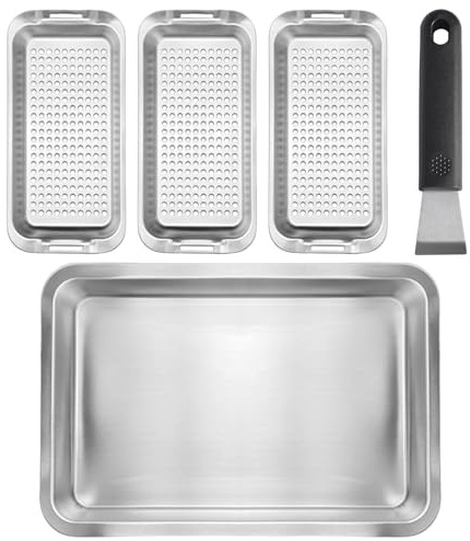 Lunaanda Grillkorb Set Edelstahl, 3 Grillkörbe mit Serviertablett und Universalgriff, BBQ Grillzubehör für Fisch Gemüse Fleisch, Gemüsekorb für Gasgrill Holzkohlegrill