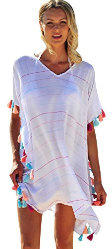Vestido para Mujer Pareos Playeros Cuello V Kaftan Boho Camisolas Caftanes Bluson Tunica Blusas Piscina Ropa de Baño Bikini Cover Up Tunicas Verano Blanco