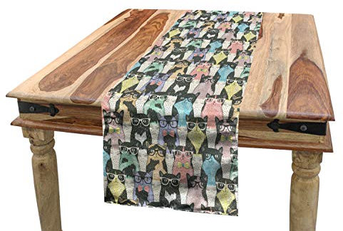 ABAKUHAUS Katzen Tischläufer, Hipster Verspielt Glass, Esszimmer Küche Rechteckiger Dekorativer Tischläufer, 40 x 180 cm, Korallenrot Dunkles Himmel Blau