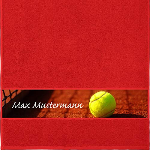 Manutextur Handtuch mit Namen - personalisiert - Motiv Sport - Tennis - viele Farben & Motive - Dusch-Handtuch - rot - Größe 50x100 cm - persönliches Geschenk mit Wunsch-Motiv und Wunsch-Name