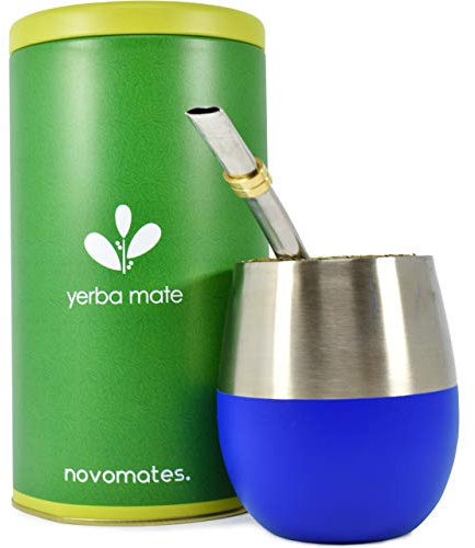 Novomates Kit Mate Argentino- Mate y Bombilla- Kit Mate Acero Inox Doble Pared, Bombilla Mate, Lata Yerba Mate- 237ml (Azul)