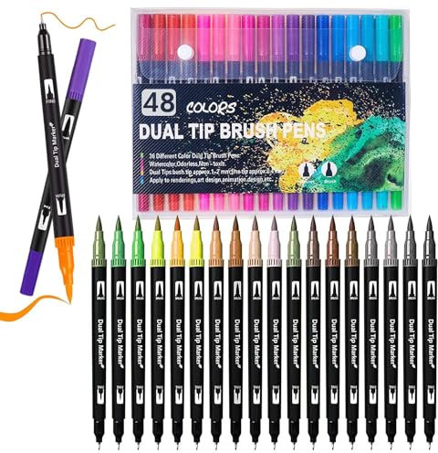 Surcotto Brush Pen Lettering 24 Colori Pennarelli Punta Fine 0,4 mm e 1-2mm Punta Brush, Penne da Colorare ad Acquerello per Adulti Bambino Bullet Journal, Lettering, Calligrafia, Colorare e Disegnare