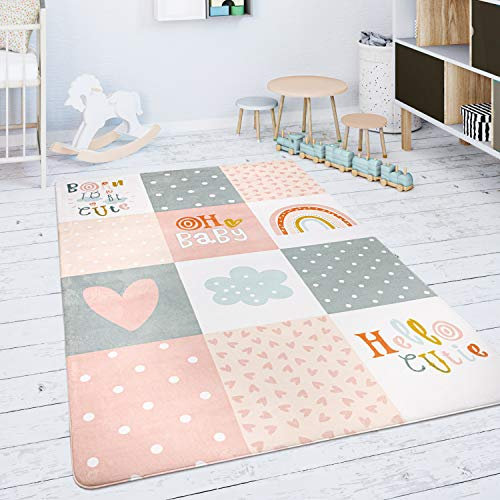 Paco Home Tapis Chambre Enfant Tapis De Jeux Tapis Bébé Losanges Gris Rose Blanc, Dimension:155x230 cm