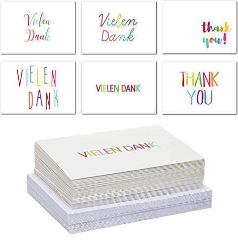 36 Dankeskarten mit Umschlägen, Vielen Dank, 6 Motive auf Deutsch und Englisch mit Regenbogenschrift, DIN A6