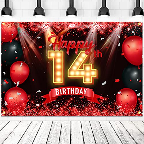 Happy 14th Birthday Banner Hintergrund Rot und Schwarz 14 Jahre alt Hintergrund Tag Dekorationen für Mädchen Jungen Fotografie Party Supplies Glitzer
