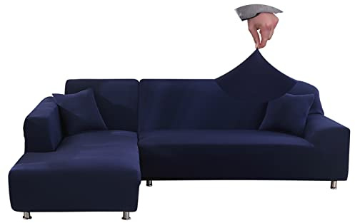 Jaotto Sofabezug Elastische Spandex Stretch Couchbezug für L-Form Sofa Überwürfe Universal Waschbar Sofaüberwurf 2er Antirutsch(2 Sitzer+3 Sitzer,Navy Blau)